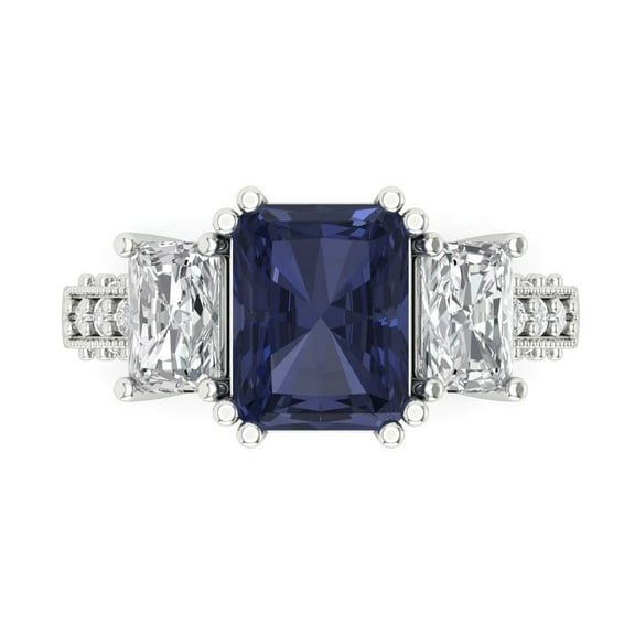 4.27 ct Emerald Cut Simulated Blue Sapphire 3 Stone 14K White Gold Womens Engagement Ring