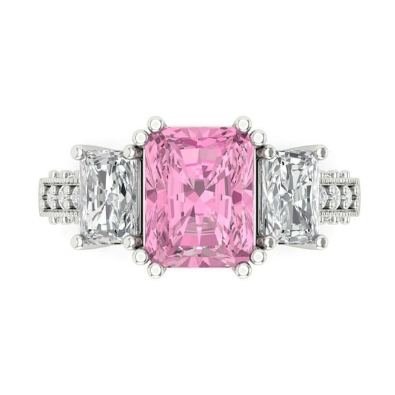 4.27 ctw 3 Stone Anniversary Ring for Women | Emerald Cut Simulated Pink Diamond | Hyperallergenic Solid 18K White Gold