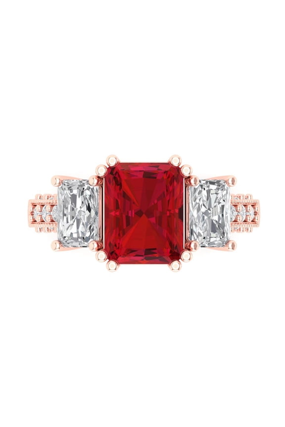 4.27 ct Emerald Cut Simulated Ruby 3 Stone 14K Rose Gold Womens Engagement Ring