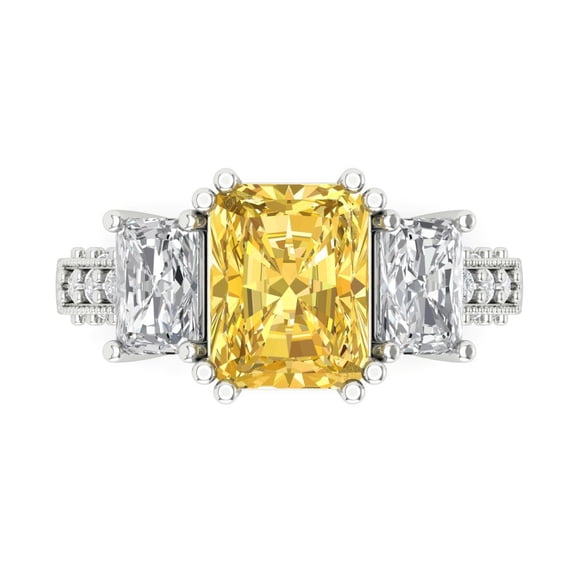 4.27 ct Emerald Cut Simulated Yellow Diamond 3 Stone 14K White Gold Womens Engagement Ring