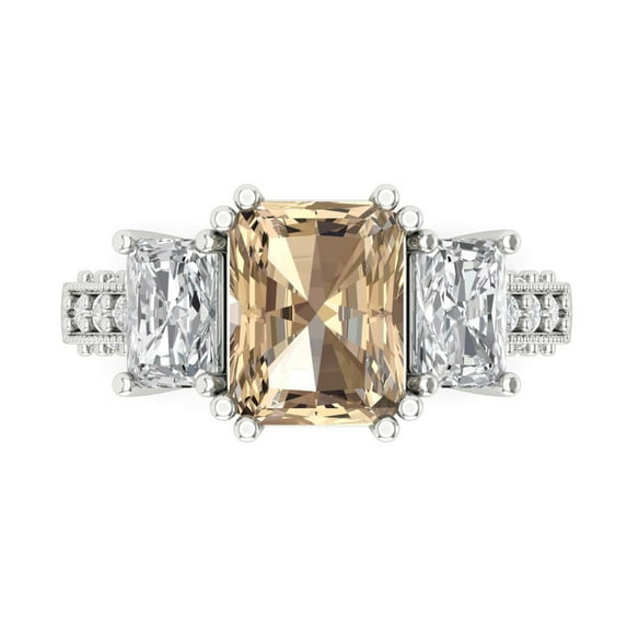 4.27 ct Emerald Cut Yellow Moissanite 3 Stone 18K White Gold Womens Engagement Ring