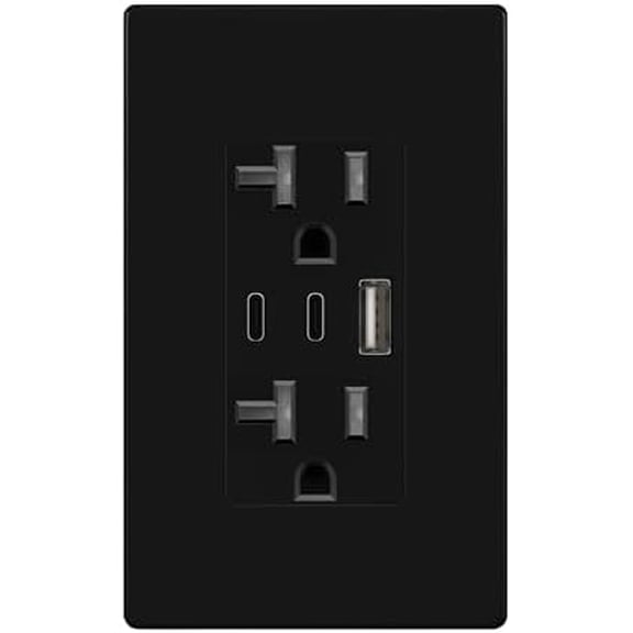 4.2A 21W 3-Port Type C  Outlet, 20 Amp Receptacle Plug,  Power Outlet with Dual Type C&A Ports, Screwless Wall Plate Included, , TU22042AC2-BKSID, Black