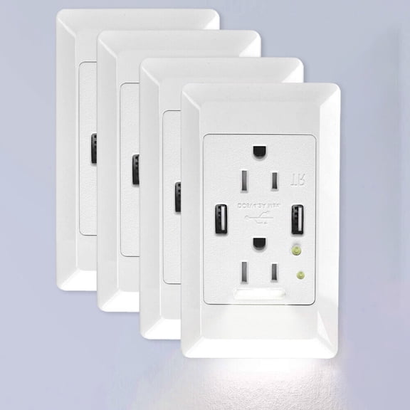4.2A USB Outlets Wall Receptacles LED Night Lights Tamper Resistant w/Plate 4Pcs