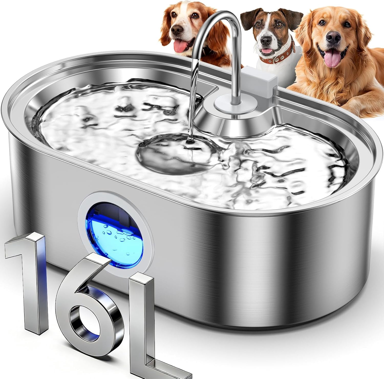 4.2Gal Dog Water Fountain for Large Dogs, 16L Stainless Steel Dog Fountain Water Bowl with Multi-Filtration & Deeper Drinking Tray, Extra Large Pet Water Fountain with Water Window & LED, Ultra-Quiet