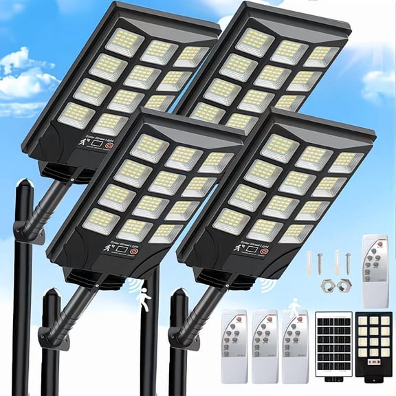 4/2Pack Solar Street Lights Outdoor 400 LED Beads, Waterproof Sensor Solar Flood Light with Remote Control, Dusk to Dawn Commercial Area Lighting Suitabledoor Parking Lots, Courtyards, Parks, St