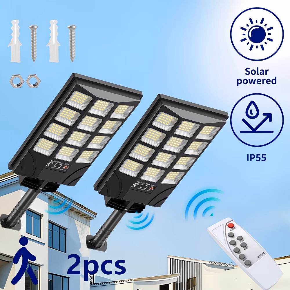 4/2Pack Solar Street Lights Outdoor 400 LED Beads, Waterproof Sensor Solar Flood Light with Remote Control, Dusk to Dawn Commercial Area Lighting Suitabledoor Parking Lots, Courtyards, Parks, St