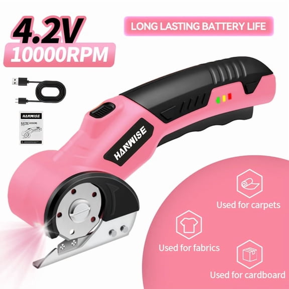 4.2V Cordless Electric Scissors - 10000 RPM Rotary Cutter with Safety Lock & LED Light, Ergonomic Anti-Slip Handle, 2000mAh Battery for Clothing/Carpet/Leather/Fabric/Cardboard Cutting