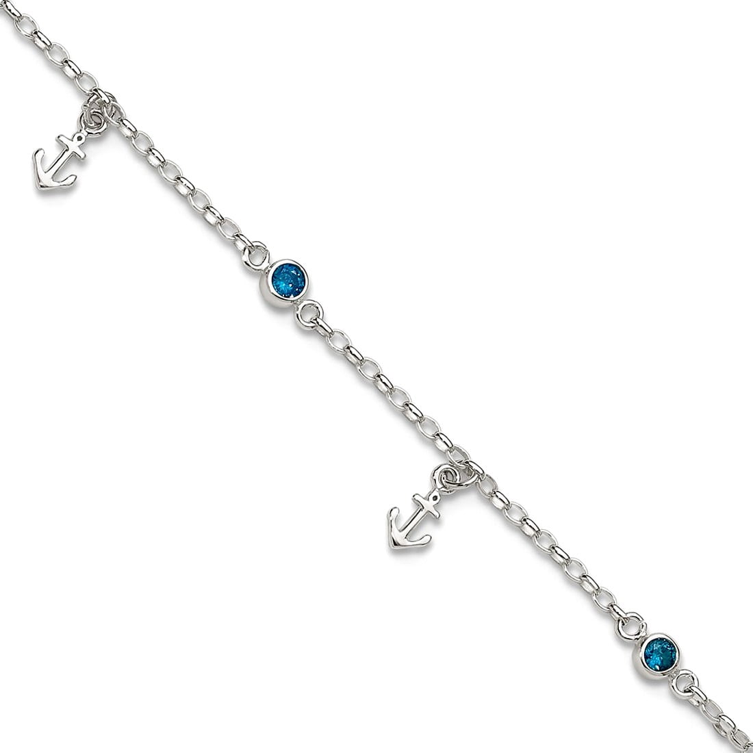 4.2mm 925 Sterling Silver Polished Blue Cubic Zirconia and Nautical Ship Mariner Anchors Plus 1in Extension Anklet 9 Inc