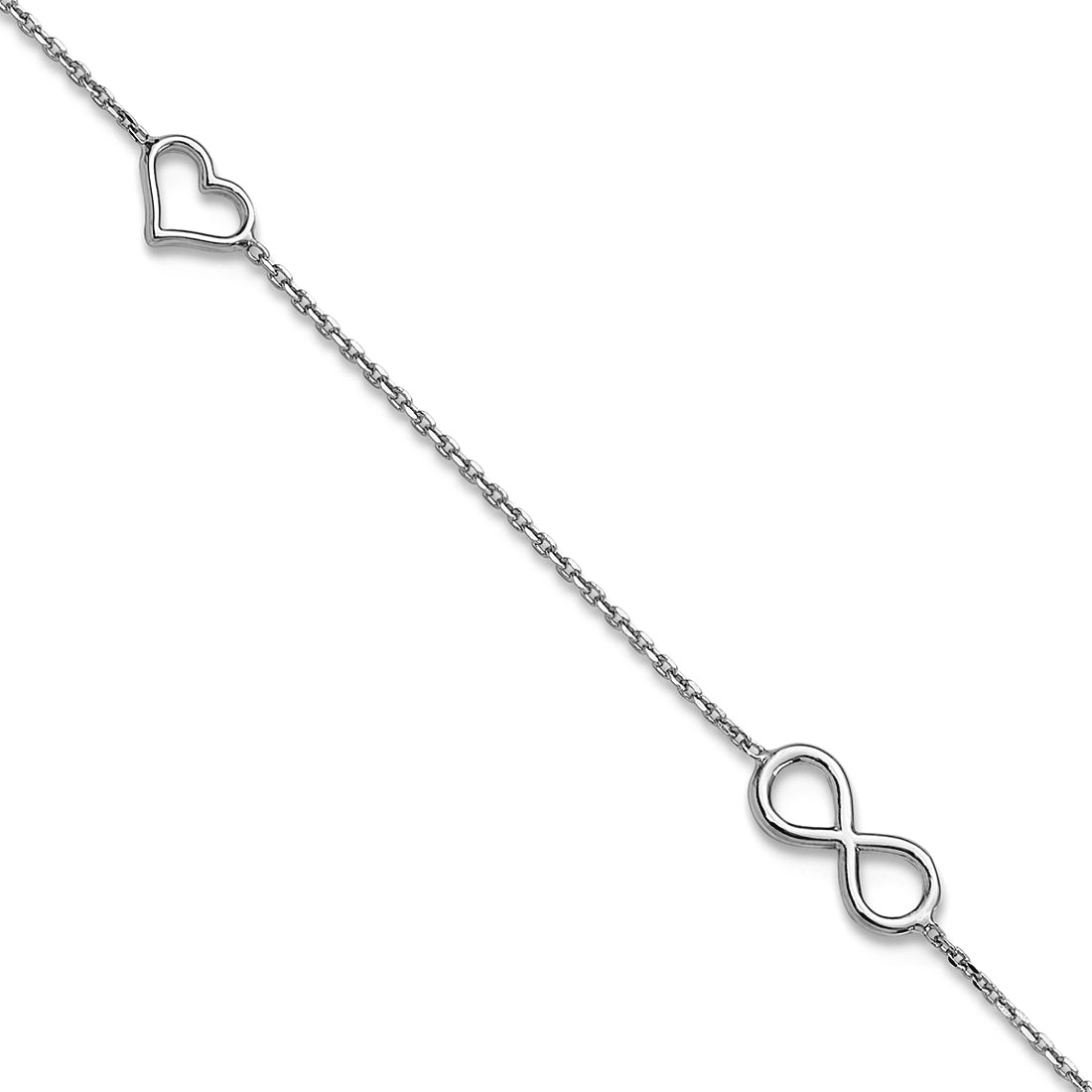 4.2mm 925 Sterling Silver Rhodium Plated Love Heart Infinity Symbol Plus 1in Extension Anklet 9 Inch Anklet for Women