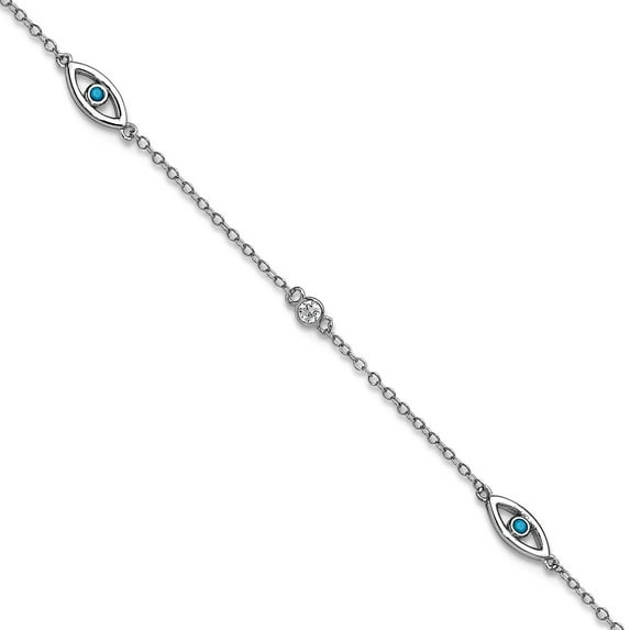 4.2mm Ss Rhodium Plated Blue Glass and Cubic Zirconia Evil Eye With 1in Extension Anklet 9.5 Inch Anklet for Women
