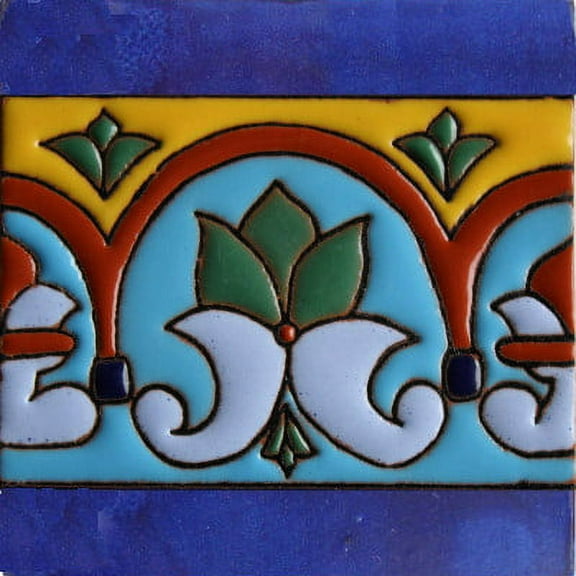 4.2x4.2 Aqua Border Raised Talavera Mexican Tile, Set of 9 pcs