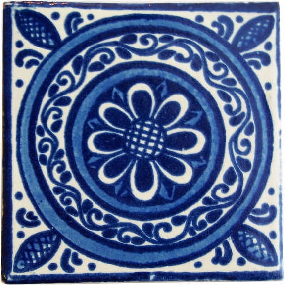 4.2x4.2 Blue Target Talavera Mexican Tile, Set of 9 pcs