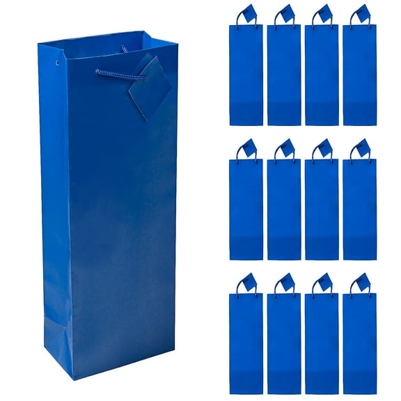 4 3/4" x 3" x 14" Royal Blue Paper Wine Gift Bags with Tags - 12 Pieces