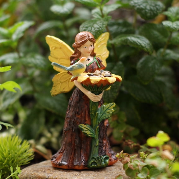4.3" Bird Feeder Garden Statue Resin-Angel Sunflower Tree Bark Sculpture, Outdoor Patio Yard Lawn Decor, Easter Decorations for Garden, Spring Gift for Nature Lovers, A