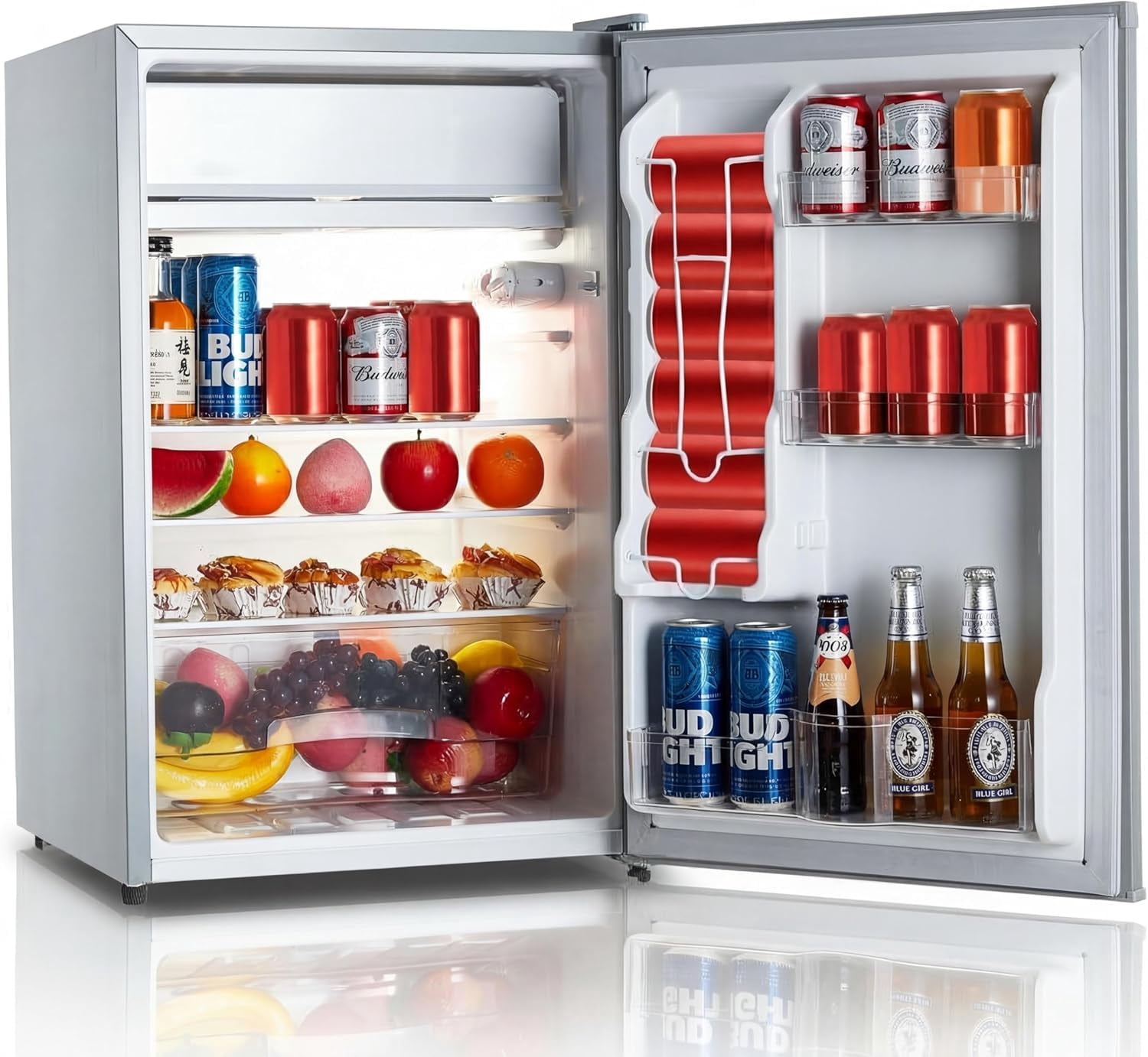 4.3 Cu.ft Mini Fridge with Freezer, Compact Refrigerator with 7-Level Temperature Control, Single Door Design, Removable Glass Shelves and Crisper Drawer for Bedroom, Dorm, Office, White