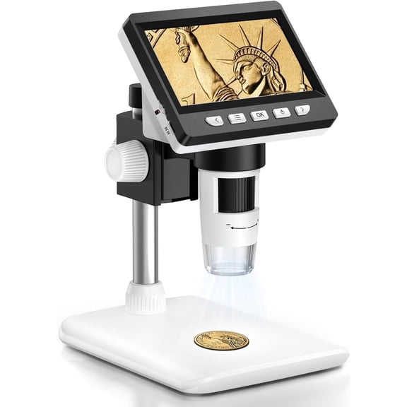 4.3" HD LCD Screen Digital Microscope, Coin Magnifier Microscope with 8 Adjustable LED Lights, 1-1000X Zoom, Soldering Microscope for Micro Electronics Repair, Compatible with MacOS, PC View, Black