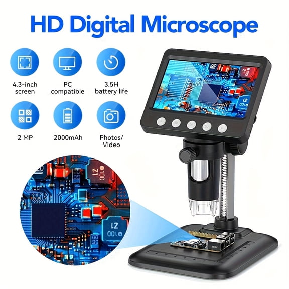 4.3" IPS Digital Microscope 1000X Magnification with 8 LED Lights for Soldering, PCB & Phone Repair, Coin Inspection, Video Recording, Lab & Screen Analysis