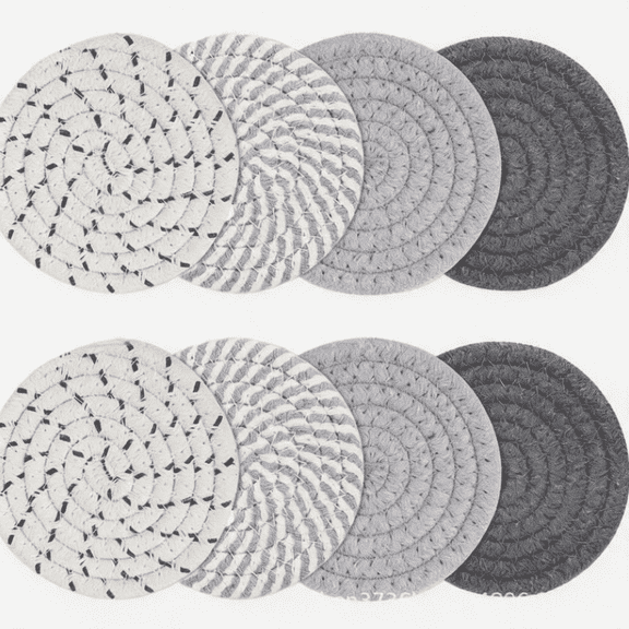 4.3 Inch (11cm) Cotton Coasters Set of 8 - Woven Hot Pads for Table, Small Trivets for Hot Dishes, Absorbent Drink Coasters for Kitchen, Gray