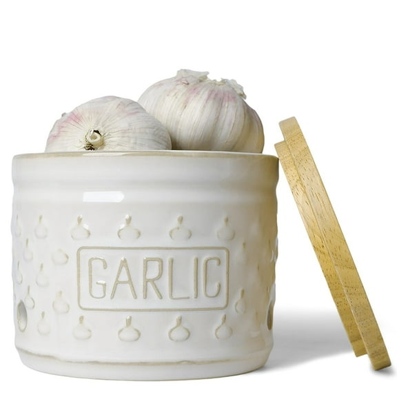 4.3 Inch Ceramic Garlic Keeper with Wooden Lid, Farmhouse Garlic Holder Storage for Kitchen, Garlic Saver to Keep Your Garlic Cloves Fresh Longer,(Vintage Whtie)