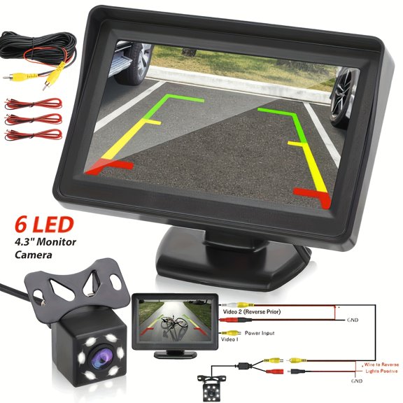 4.3Inch RearView Mirror Reverse Camera Kit, 6LED nightvision wideangle lens. Wiredpowered (no battery), reliable parking assist for cars, pickups & SUVs