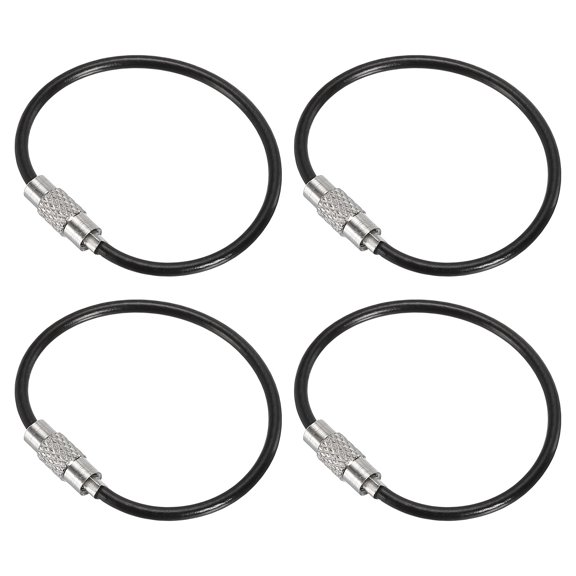 4.3 Inch Wire Keychain Cable Stainless Steel Key Ring Loop, Black 4 Pack