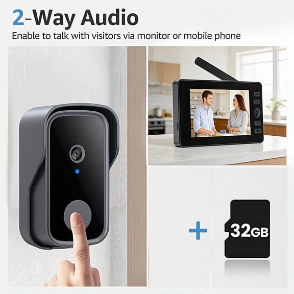 4.3 Inch Wireless Video Door Intercom, 1080P Camera, No WiFi No App Needed, Night Vision, 2-Way Audio, SD Card Recording, Rechargeable Home Monitor