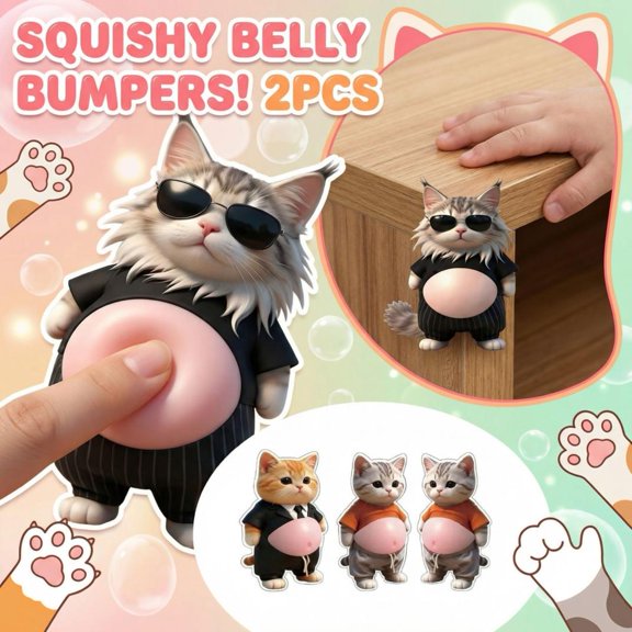 4.3” Pack Of 2 Squishy Silicone Cat Belly Bumpers, Ultra-Soft Fidget Toy & Edge Protectors, Cute 3D Cat Design, Shock-Absorbing & Child-Safe, For Furniture Corners, Tables,