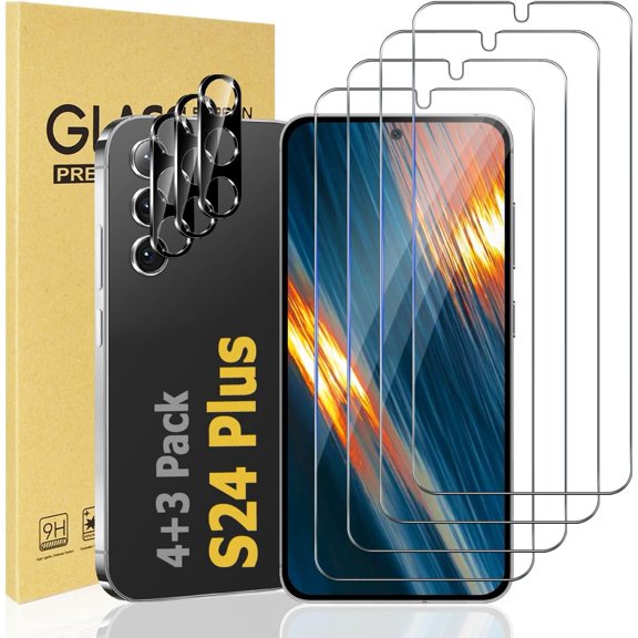 [4+3 Pack] Galaxy S24 Plus Screen Protector,with 3 Pack Camera Lens Protector, 9H Hardness,Support Fingerprint, Ultra Thin HD Transparent Glass Film, for Samsung Galaxy S24 Plus 6.7 Inch