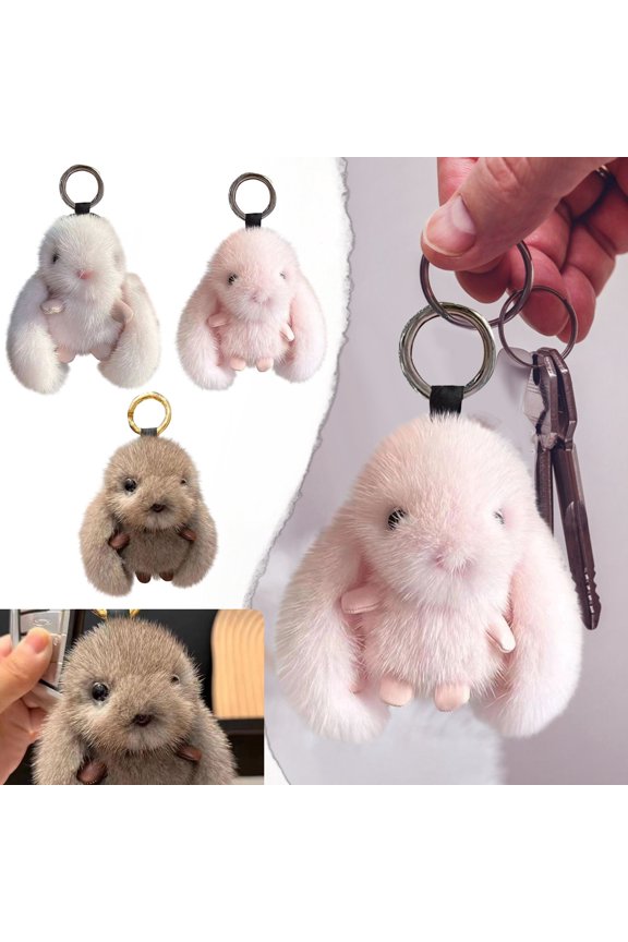 4.3" Soft Plush Bunny Keychain, Cute Fa-ux Re--x Rabbit Fur Rabbit Figurine, Mini Fluffy Animal Bag Charm for Backpack, Kawaii Purse Pendant & Car Key Accessory