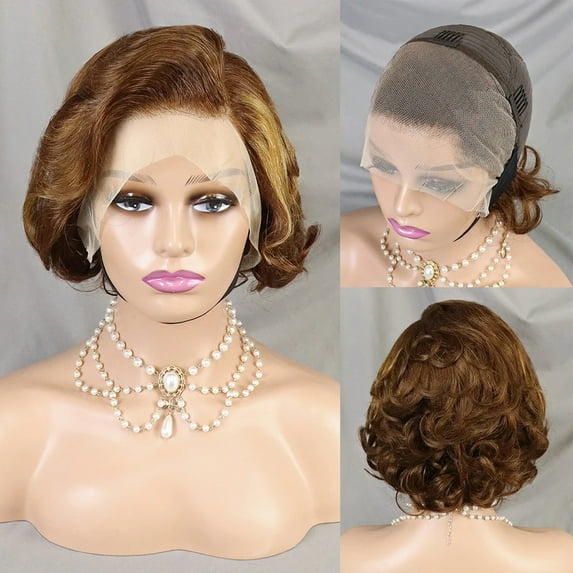 4/30 Brown Color Loose Wave Pixie Cut Wig Short Bob Human Hair 13x4 Lace Frontal Wigs Transparent Lace Human Hair for Black Women Lace Front Human Hair Wig