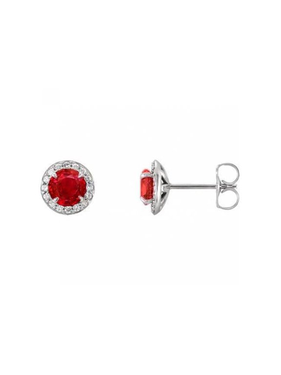 4.30 CT 14K White Red Ruby & Diamonds Stud Halo Earrings