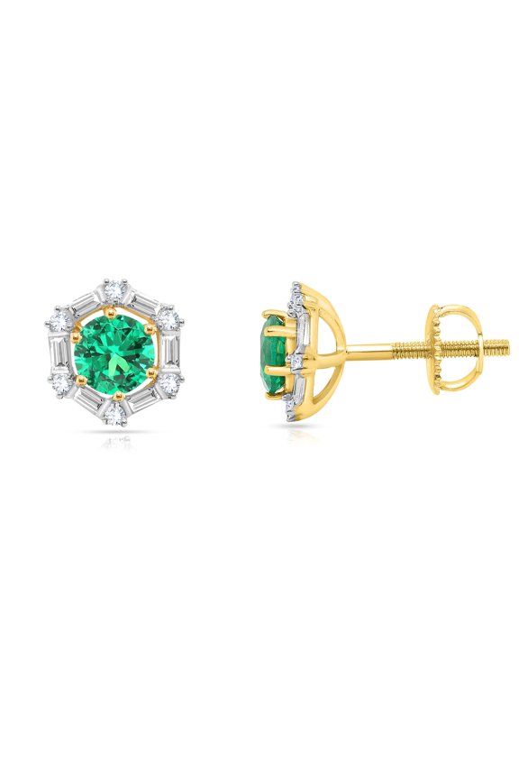 4.30MM Round Cut Green Emerald With Simulated Cubic Zirconia Diamond Stud Earrings with Removable Jackets In 14k Yellow Gold Over 925 Sterling Silver