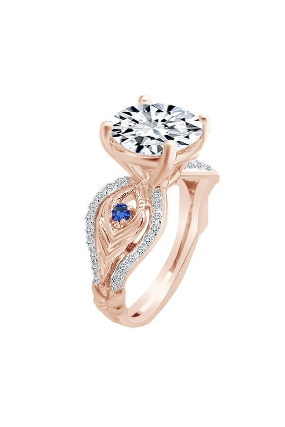 4.32 Carat Round Shape Moissanite & Natural Diamond Feather Design Ring 14K Solid Rose Gold Ring Size-5
