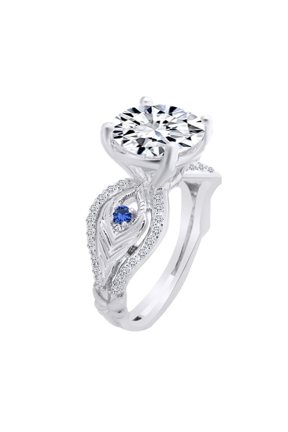 4.32 Carat Round Shape Moissanite & Natural Diamond Feather Design Ring 14K Solid White Gold Ring Size-5