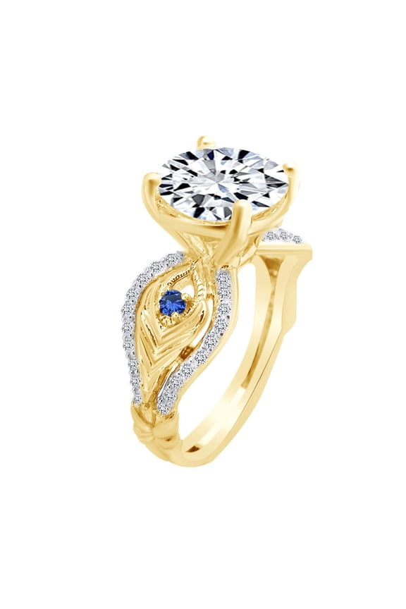 4.32 Carat Round Shape Moissanite & Natural Diamond Feather Design Ring 14K Solid Yellow Gold Ring Size-5
