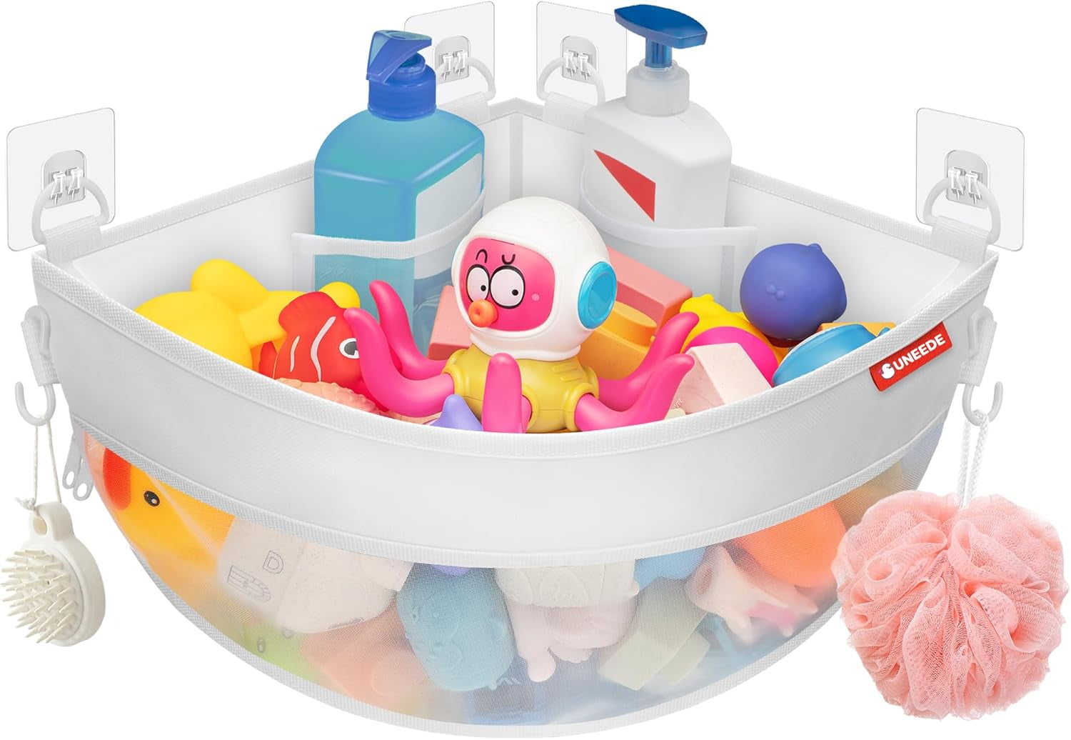 4.32 Gallons Corner Mounted Bath Toy Storage Holder, Mesh Shower Caddy for Bathtub Organizer, Quick Dry Holder