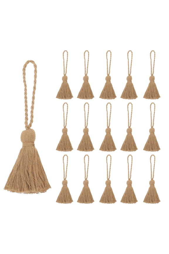 4.33" Mini Tassels, 16 Pcs Cotton Tiny Craft Tassels for Earring Jewelry Making Keychain Bookmarks Pendant Home Decor DIY Crafts, Khaki
