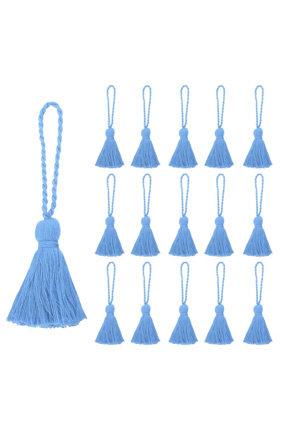 4.33" Mini Tassels, 16 Pcs Cotton Tiny Craft Tassels for Earring Jewelry Making Keychain Bookmarks Pendant Home Decor DIY Crafts, Lake Blue