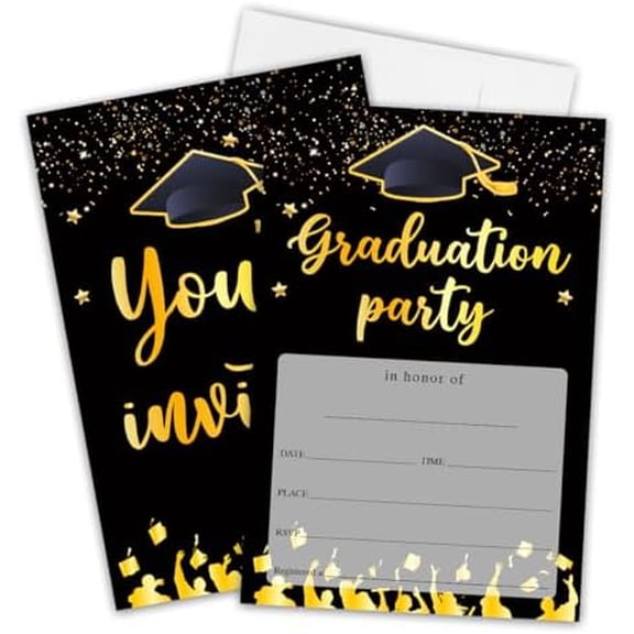 4"x6" Graduation Party Invites - Set Of 20 College, Junior, High School, Masters Grad Invitation Cards With Envelopes - Black & Gold Flame Fill-in Graduation Party Celebration Supplies - A09