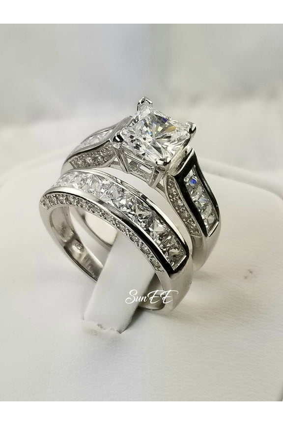 4.35ct Princess Cut Bridal Wedding Engagement Ring Diamond Simulated 925 Sterling Silver Anniversary Ring SKU:00144