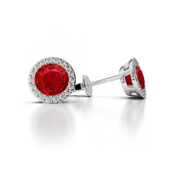 4.36 CT Ruby with Diamonds Stud Earrings, 14K White Gold