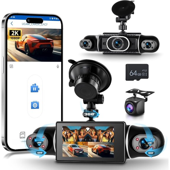 4 360? Cam Front Rear Inside Left Right 3 Inch Camera WiFi Night Vision Motion Detection 24/7 Parking Mode Loop Recording Reverse Reversing with 64G TF Card