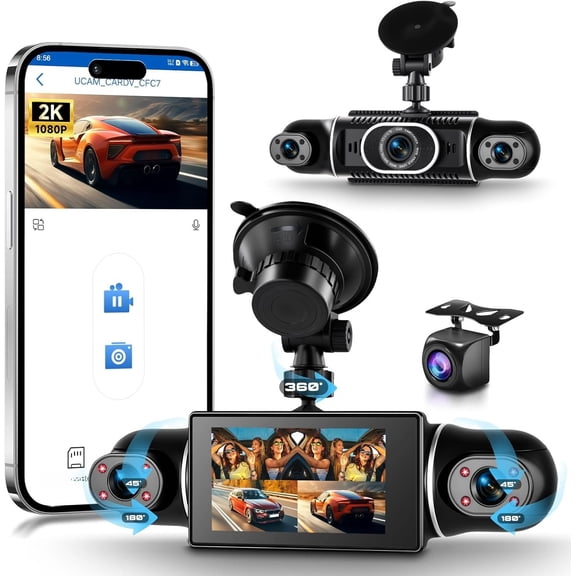 4 360 Cam Front Rear Inside Left Right 3 Inch Camera with WiFi Night Vision Motion Detection 24H Parking Mode Loop Recording Reverse Without 64G TF Card