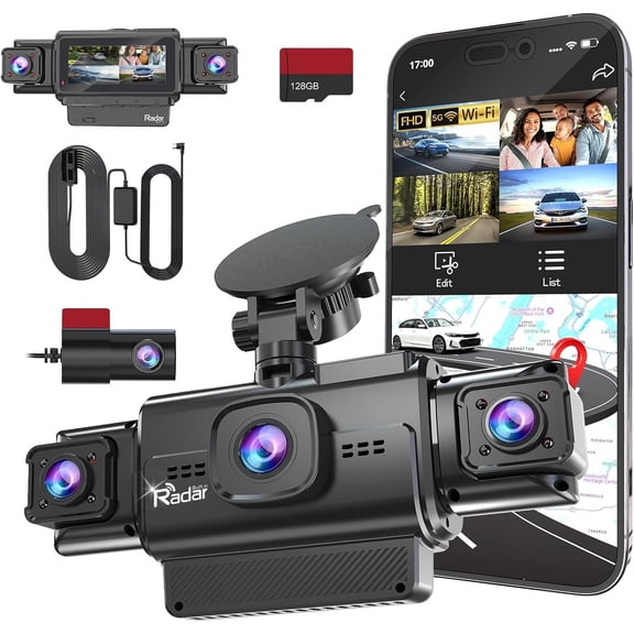 4 360 View Dash Cam Front and Rear Inside Camera for , Millimeter Wave Radar 24H Parking Mode, Dual Band WiFi, GPS, Night Vision, 3.18 Inch Screen, 170 Wide Angle, WDR, Included 128G Card