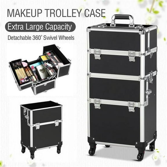 4 360-degreed Wheels 3-in-1 Professional Aluminum Artist Rolling Trolley Makeup Train Case Cosmetic Organizer Makeup Case for Beauty Chains W/shoulder Straps (Black)