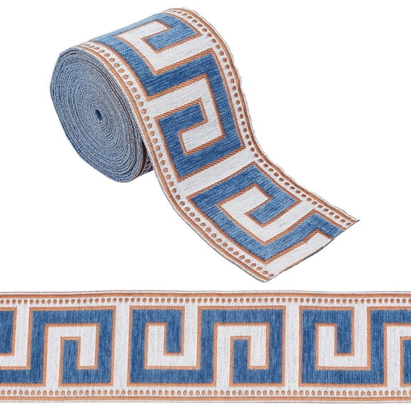 4.37 Yard Embroidered Drapery Trim 3-5/8 Inch Wide Polyester Jacquard Grid Ribbon Blue Geometric Jacquard Ribbons Great Wall Grid Curtain Trim