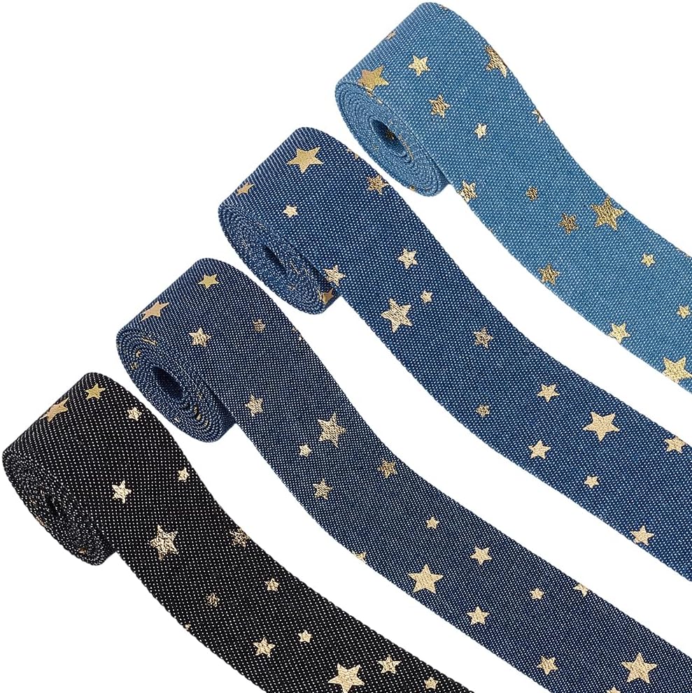 Five Ribbons 4.37 Yards 1 Inch Pentagram Jean Fabric Ribbons Retro Yellow Five Point ...