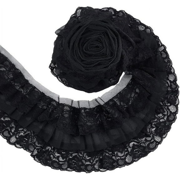 4.37 Yards 3 Layer Pleated Organza Lace Edge Trim 4 Inch Wide Gathered Ruffle Chiffon Ribbon Black Pleated Edging Trimmings Fabric for Cloth Sewing Embroidered Applique Black