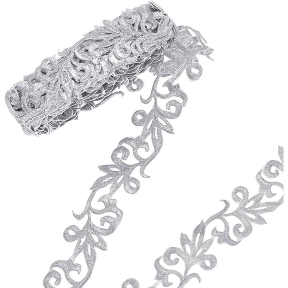 4.37 Yards(4m) Silver Embroidery Polyester Ribbons 1.38" Wide Metallic Lace Trim Iron on Metallic Flower Lace DIY