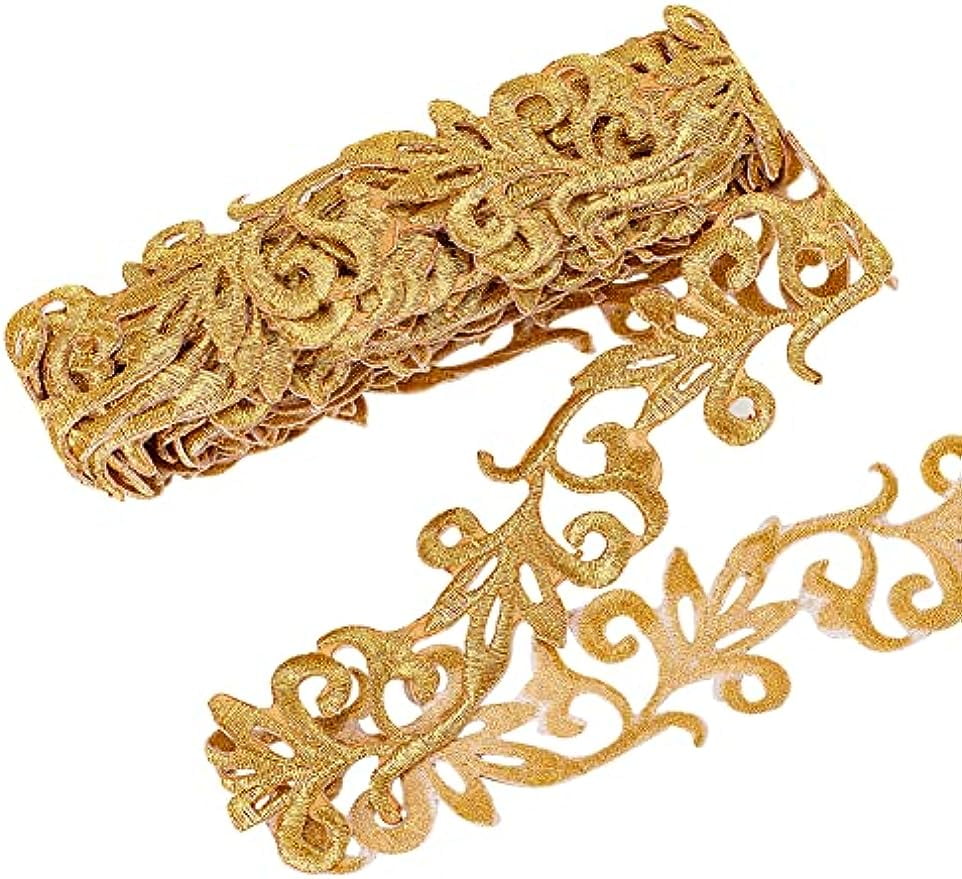4.37 Yards Gold Embroidery Polyester Ribbons 1.3 Inch Wide Adhesive  Goldenrod Lace Trim Iron on Metallic Flower Lace